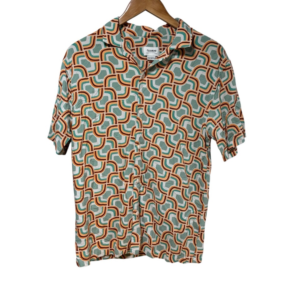 Pull&Bear  Retro 70s Geometric Wavy Print Button Down Shirt Teal Orange M #601